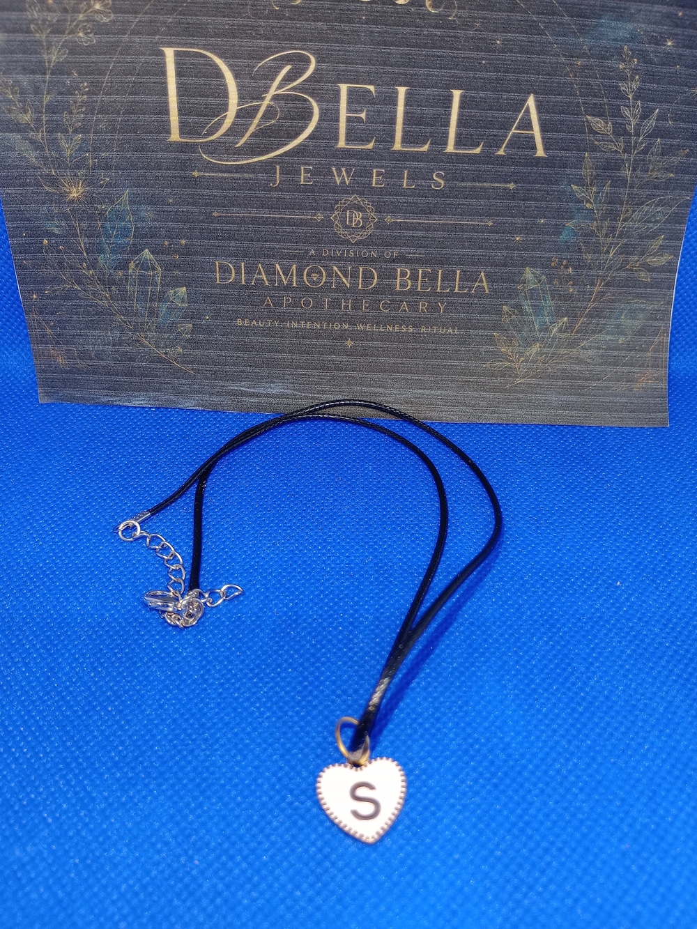 Black Cord Necklace with Gold And White Heart Initial 'S' Pendant